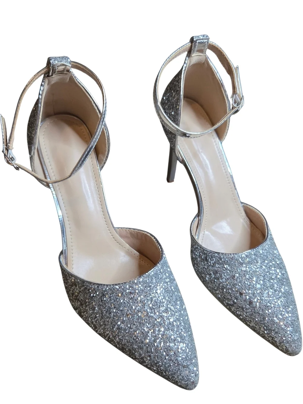 Silver Glitter Ankle-Strap Heels for Women